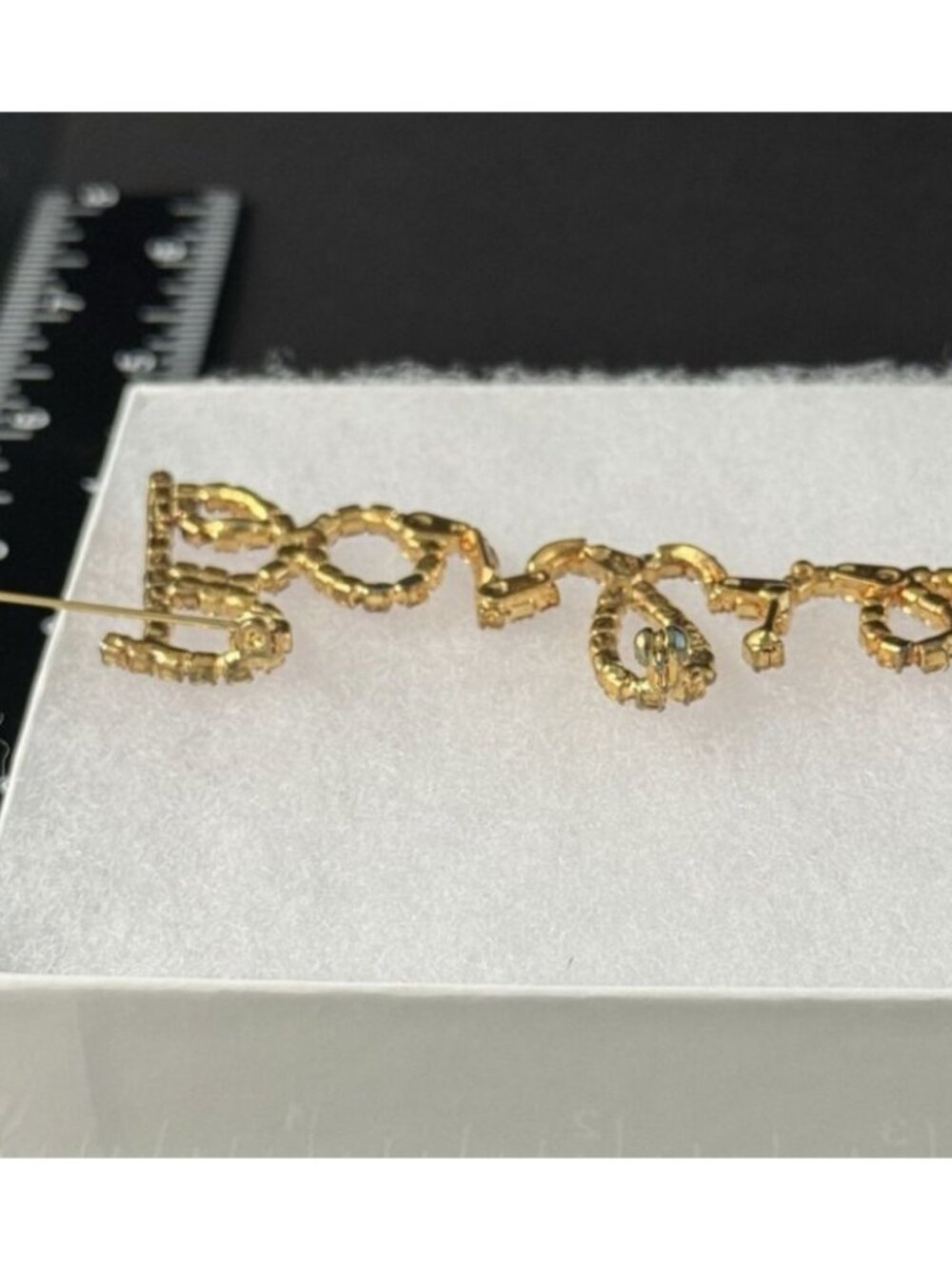 Barbie Script Rhinestone Logo Brooch Pin Pink Crystal Gold-Tone 3-1/4 inches - Picture 7 of 11